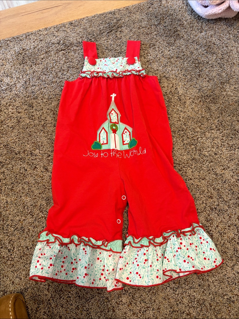 Red Holiday One-Piece Romper with Church Applique